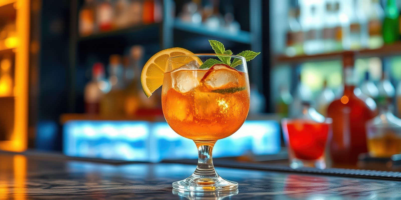 Refreshing cocktail garnished with lemon and mint served in a stylish bar during the evening